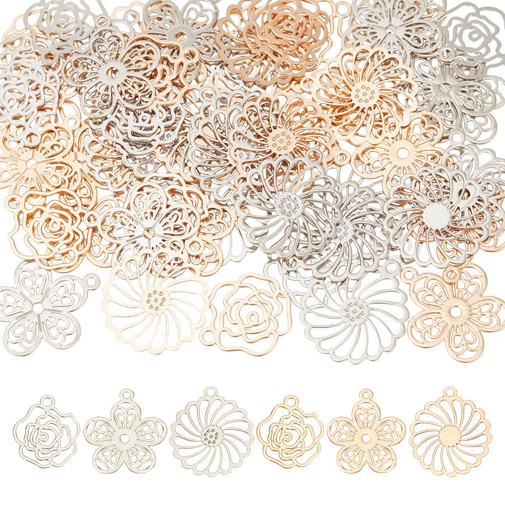 HOBBIESAY 60Pcs 3 Styles Brass Flower Charms Hollow Connector Charms Shimmering Light Gold Pendants for Earrings Necklaces Crafting DIY Jewelry Making,Hole:0.9-1.2mm