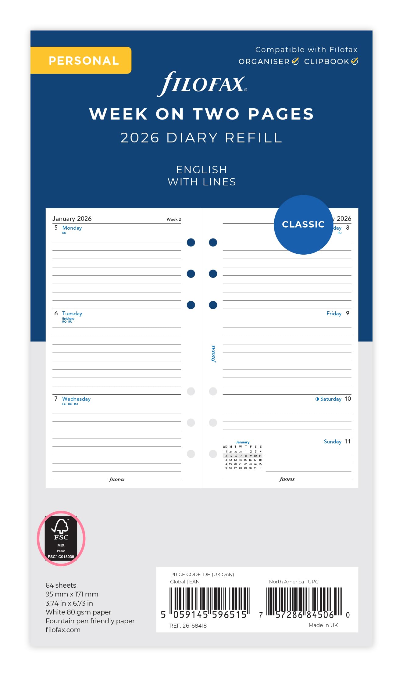 Photo 1 of Filofax Personal week on two pages English lined 2026 diary 26-68418