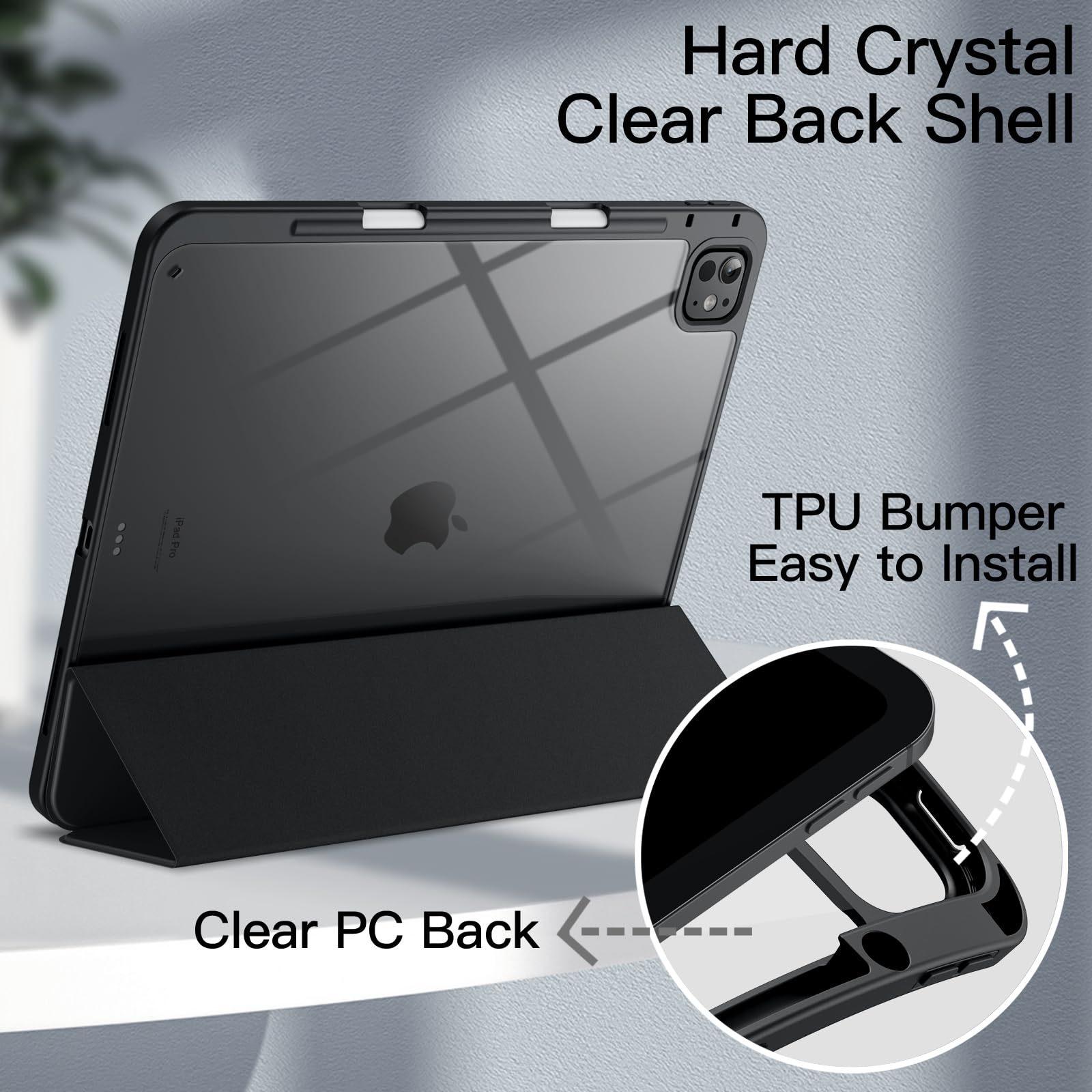 JETech Case for iPad Pro 13-Inch M5/M4 (2025/2024) with Pencil Holder, Clear Transparent Back Shell Slim Stand Shockproof Tablet Cover, Auto Wake/Sleep (Black)