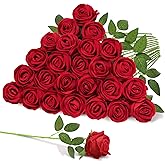 Mandarooker 22 Pcs Artificial Roses - Realistic Velvet Flowers with Stems, Bulk Faux Roses for Home Wedding Party Decor (red)