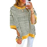 Poetsky Womens Oversized Tops Casual Short Sleeve Striped Shirts Summer Crewneck Pullover Sweatshirt Loose Blouses