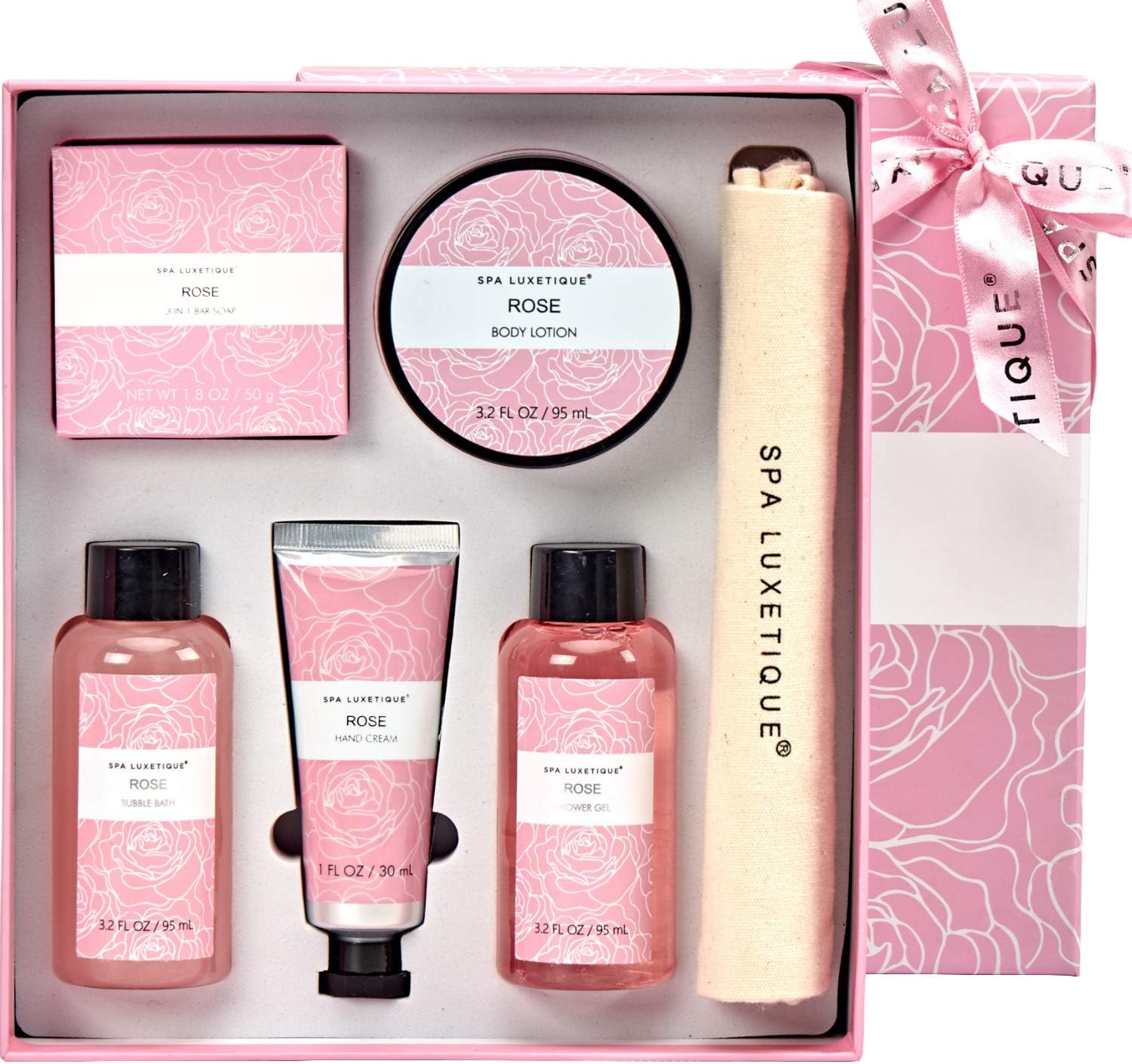 Spa Luxetique Rose Bath Spa Gift Set, 6pc Travel Gift Set with Bar Soap