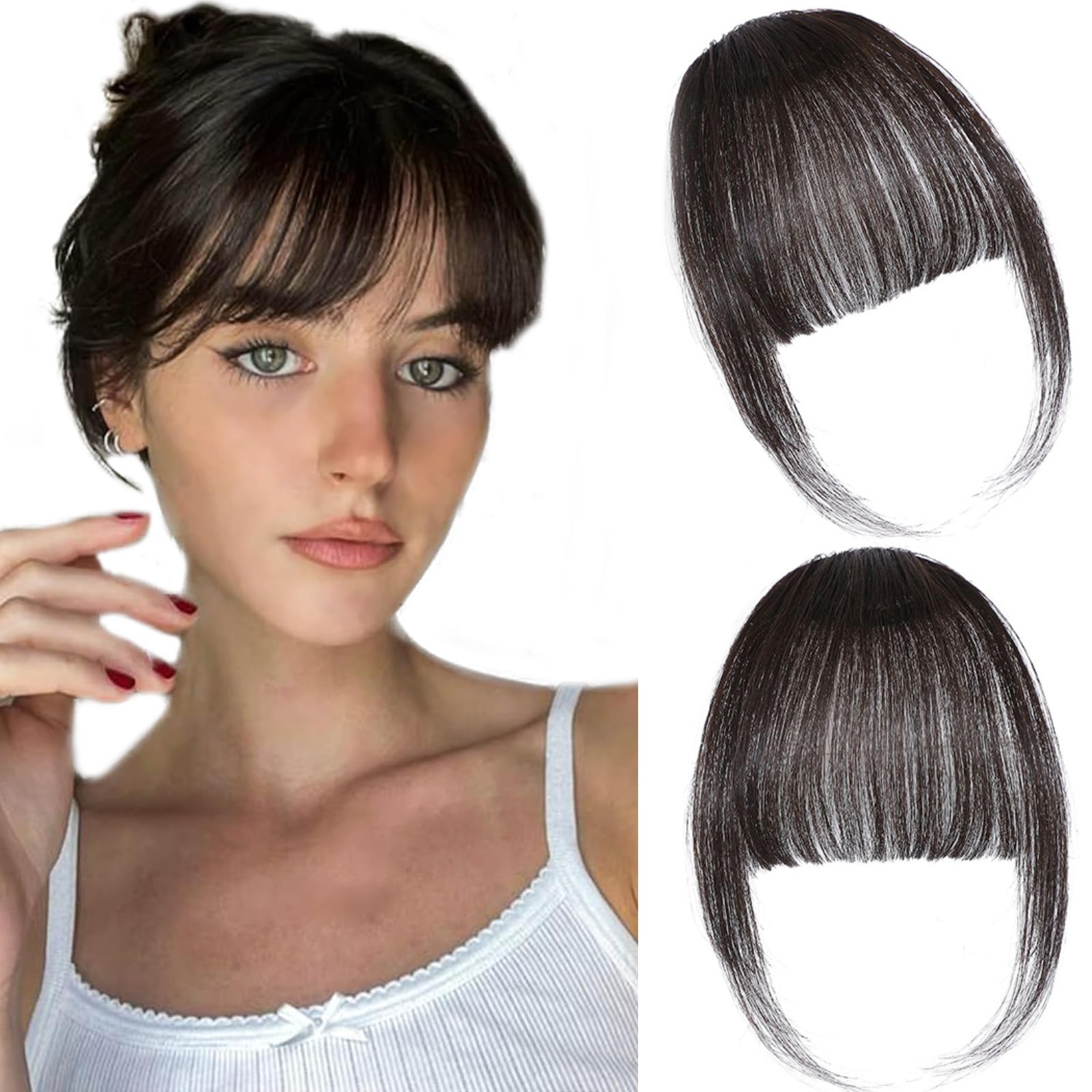Photo 1 of Clip in Bangs 100% Real Human Hair Extensions Wispy Brown Black Fake Bangs Hair Clip on bangs for women Fringe with Temples Hairpieces Faux Bangs for Daily Wear