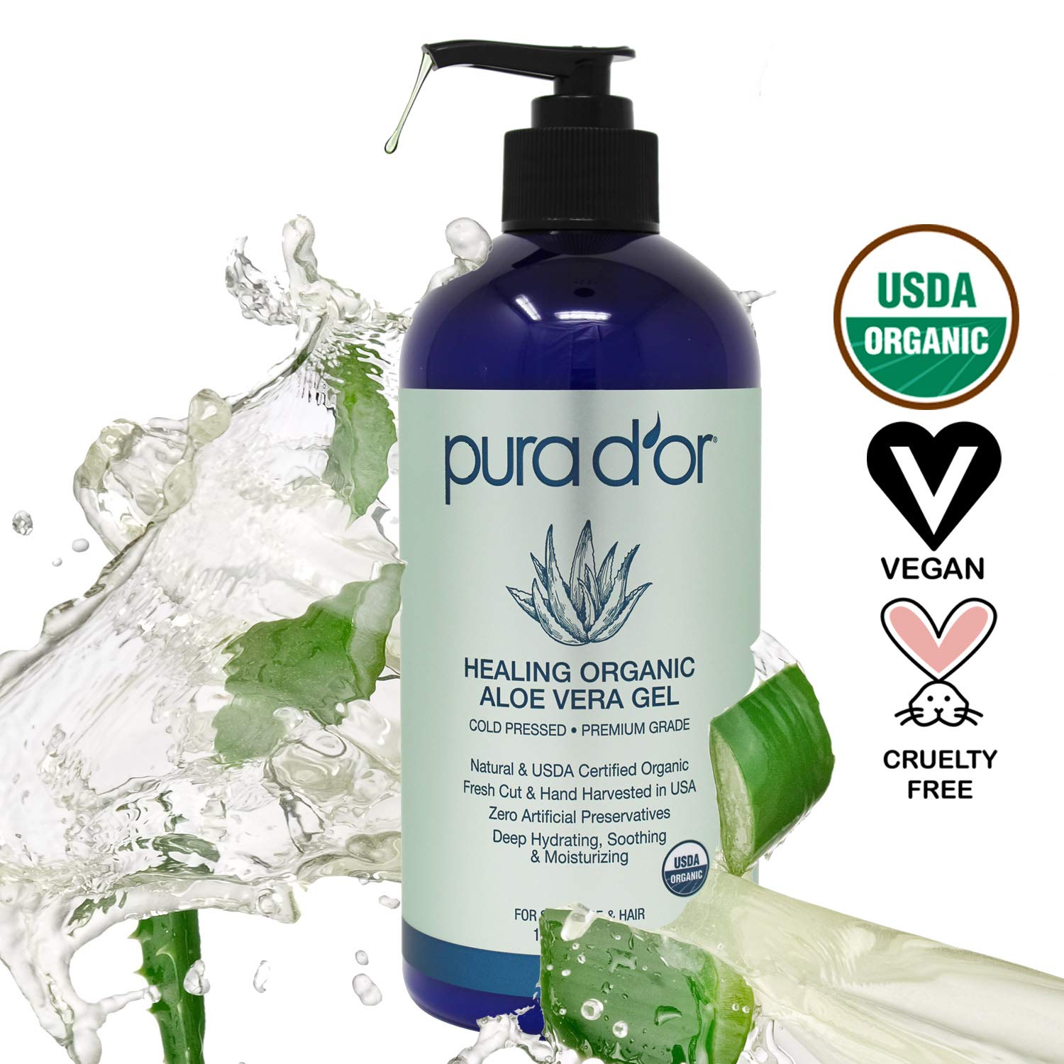 PURA D'OR Organic Aloe Vera Gel Original Lavender (16oz) USDA Certified - Deeply Hydrating, Moisturizing Skin & Hair - Sunburn, Bug Bites, Rashes, Small Cuts, Eczema Relief (Packaging may vary) : Beauty