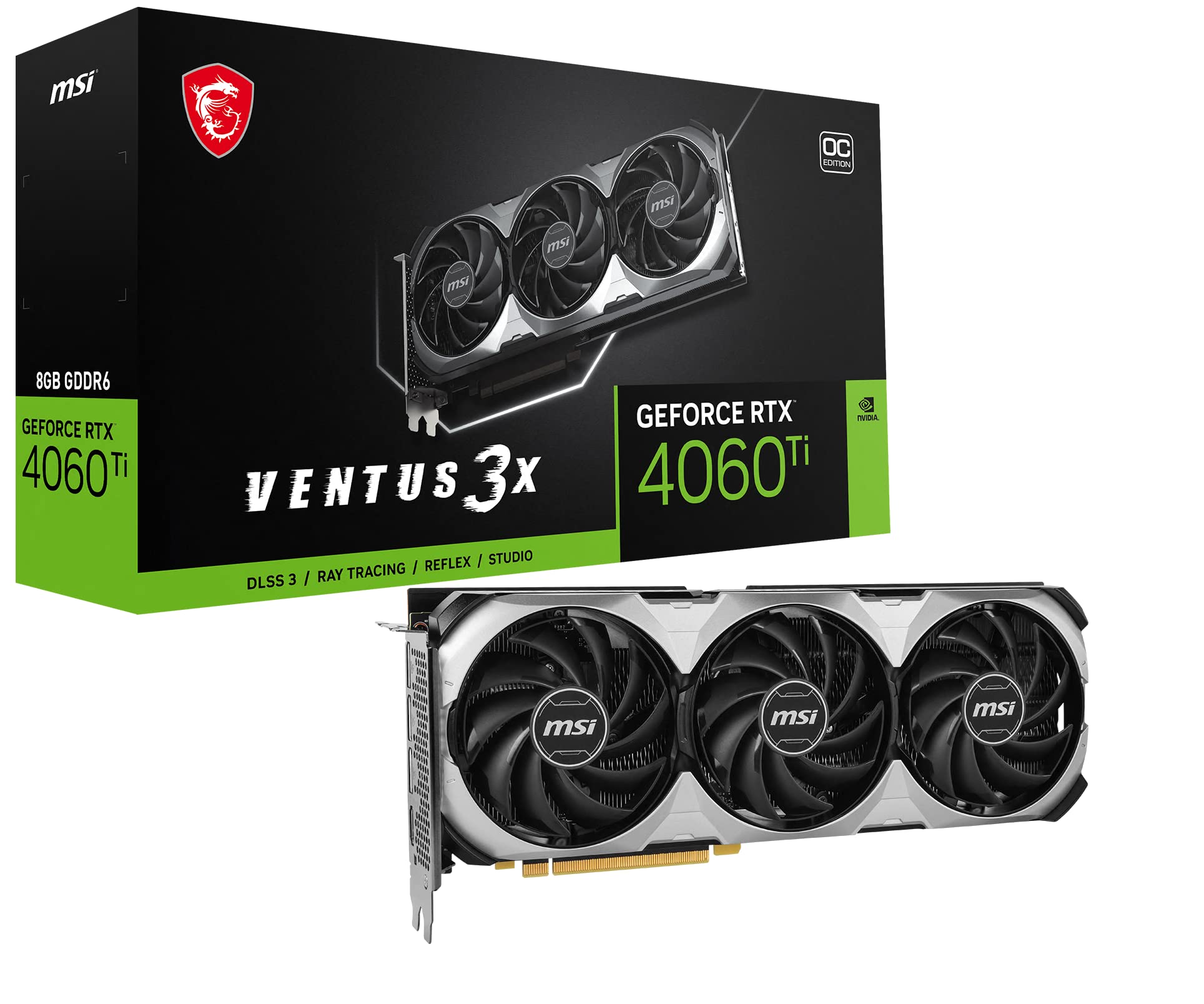 MSI Gaming GeForce RTX 4060 Ti 8GB GDRR6 Reloj extremo: 2580 MHz 128-Bit HDMI/DP Nvlink TORX Fan 4.0 Tarjeta gráfica con arquitectura Ada Lovelace (RTX 4060 Ti Ventus 3X 8G OC)