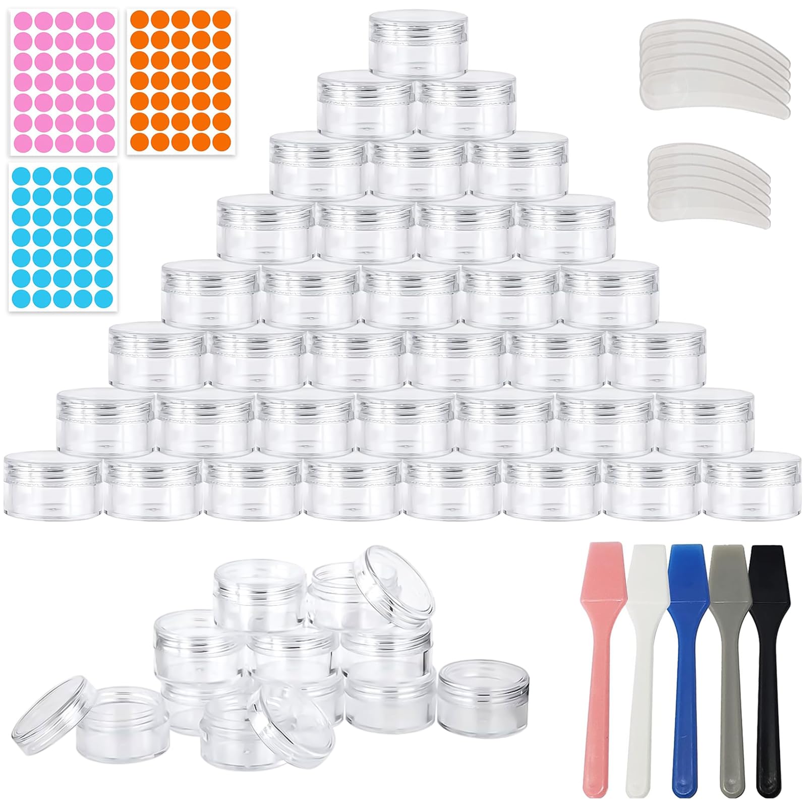 TTYSHIP® Pack of 100 Jars, 3 ml Jars with Lid, Empty Cream Jar with Labels and Spatula, Small Tins for Filling Lotion, Cream (Transparent)
