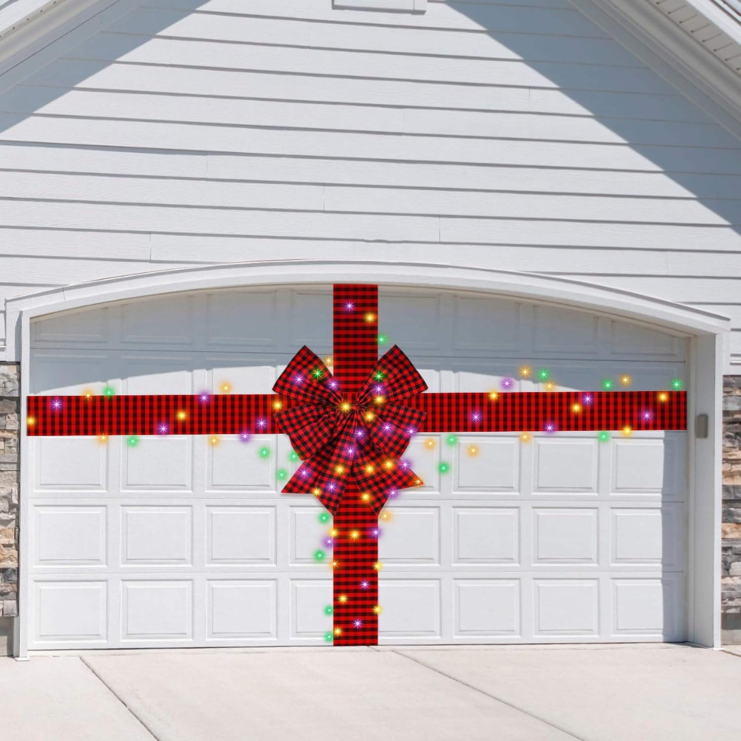 Garage Door Decorations - Lyrow Christmas Garage Door Decoration Garage Door Banner Cover Holiday Garage Banner Ribbon Bow Wrapping 11.8 x 19.7 ft DIY Outdoor Christmas Decorations with LED Light for Garage(Red Black)