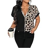 GORGLITTER Women's Plus Size Sequin Leopard Top Blouse Color Block Notch V Neck Short Sleeve Tunic Shirts Party