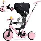 RIDYEE 8-in-1 Toddler Tricycle Ages 1.5-5, Parent Steering Trike | Pink, Tool-Free Mode Switching, 5-Point Harness, Large Canopy, Converts to Multiple Modes