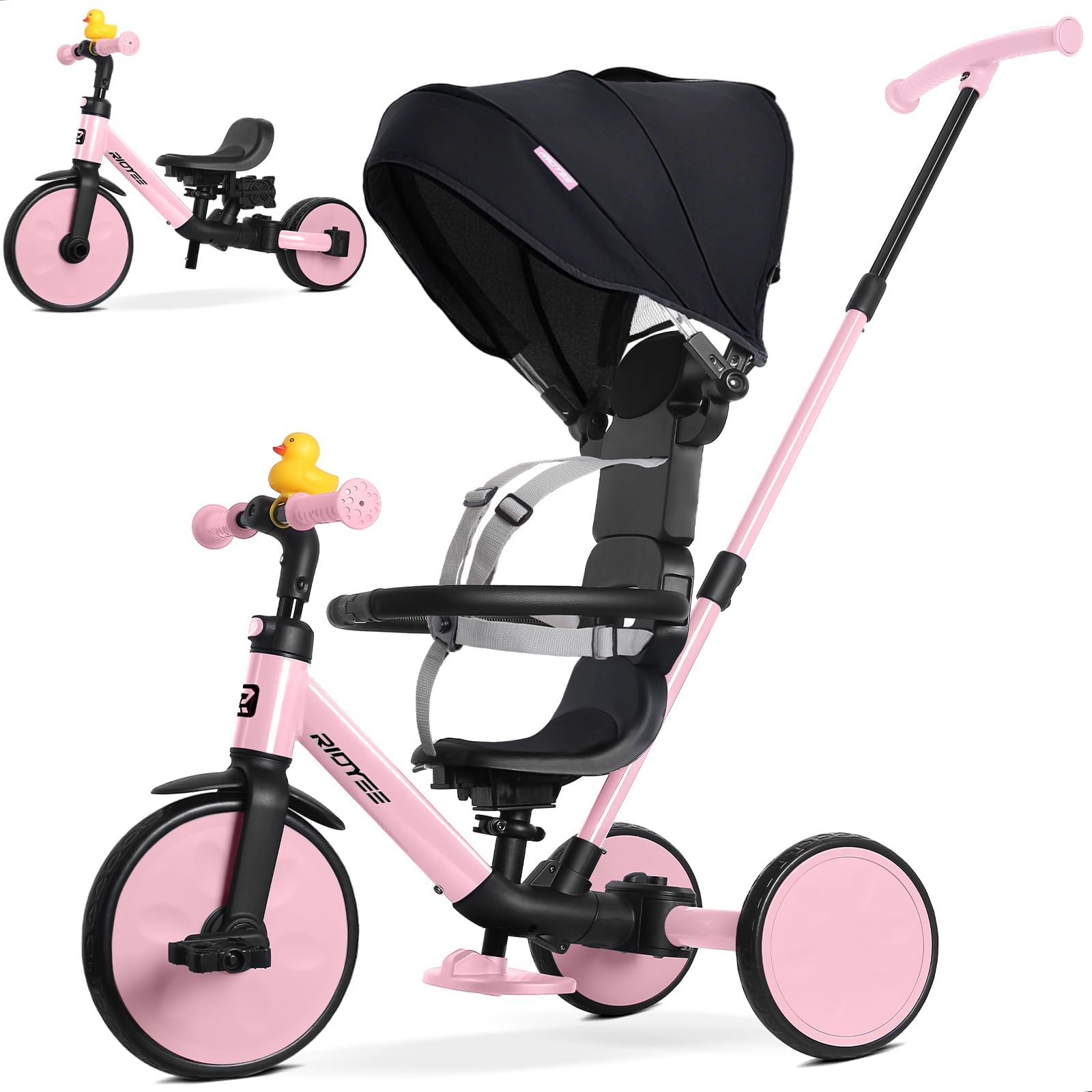 Photo 1 of **FACTORY SEALED** RIDYEE 8-in-1 Tricycle for 1.5-5 Years, Tool-Free Switch, Toddler Tricycle with Parent Steering Control Handle for 1.5 to 5 Yrs, Toddler Trike 1.5-3 Years with 5-Point Harness and Large Canopy, Pink