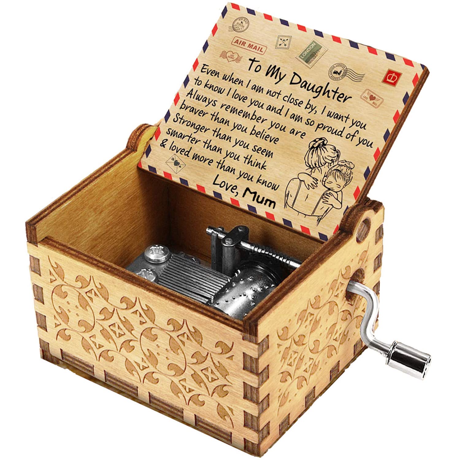 Wooden Music Box for Daughter,Gift from Mum to Daughter,Hand-Crank You Are My Sunshine Melody Wood Musical Box,Laser Engraved,Handmade Mechanism Antique Gift for Girl on Birthday,Christmas Day