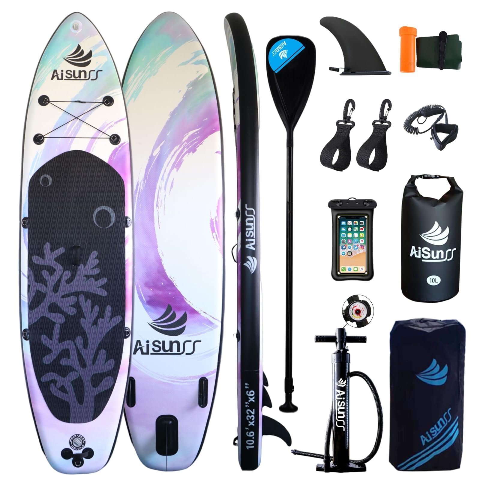 Photo 1 of ***It is used, it is missing parts and it is not known if it is 100% functional.*****AISUNSS Inflatable Paddle Board for Adult, Paddle Board for All Skill Levels, Wide SUP Board with Primium Accessories Include SUP Carry Bag, Hand Pump, 10L Waterproof Bag