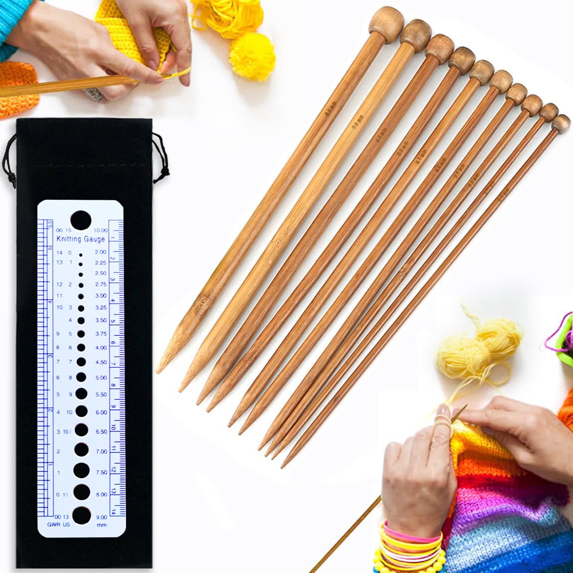 20PCS Knitting Needles,Bamboo Knitting Needles,10 Sizes Knitting Needles Set,Wooden Knitting Needle,Knitting Kits for Beginners,Knitting Accessories,Single Point in Sizes 2.5mm - 8mm