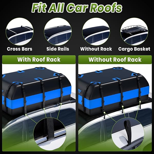 APTY 21 CUBIC FEET CAR ROOFTOP CARGO BAG CARRIER, SOFT ROOF TOP LUGGAGE BAG FOR ALL VECHICLES WITH/WITHOUT RACKS – WITH WATERPROOF ZIP, LUGGAGE LOCK, ANTI-SLIP MAT, STORAGE BAG, DOOR HOOKS, BLUE