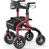 HolyHeal W5 Walkers for Seniors, Rollator Walker with Seat and Backrest | 10" All Terrain Wheels, Lightweight Rolling Walker Foldable Supports 350lb, Height Adjustable, Cane &amp; Cup Holder, Burgundy