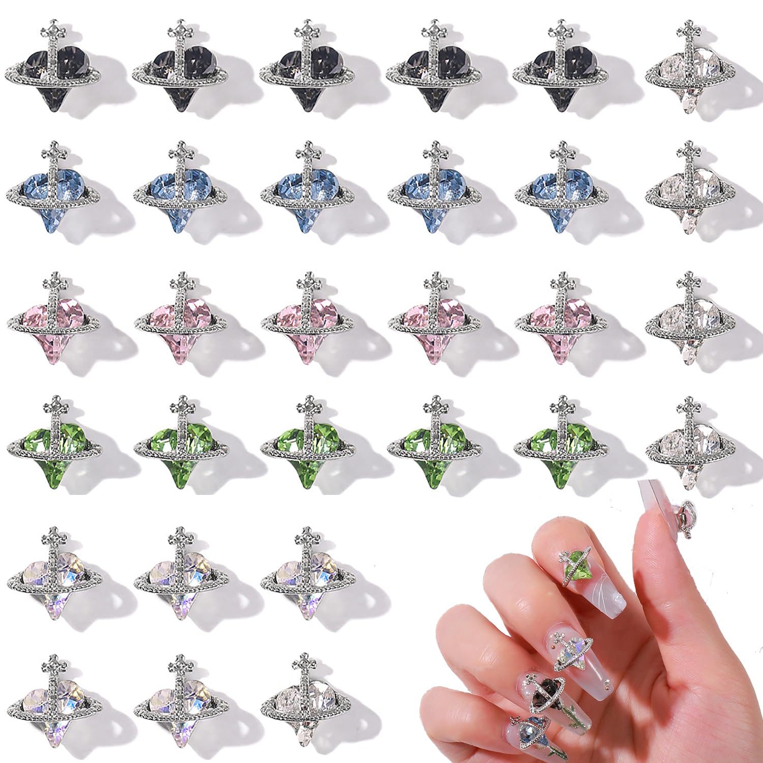 Planet Nail Charms,30PCS Colorful 3D Heart Saturn Nail Rhinestones,Nail Art Alloy Diamond Crystal Luxury Nail Gems Ornament for Women Girls Nail Art Decorations DIY Crafts (30PCS)