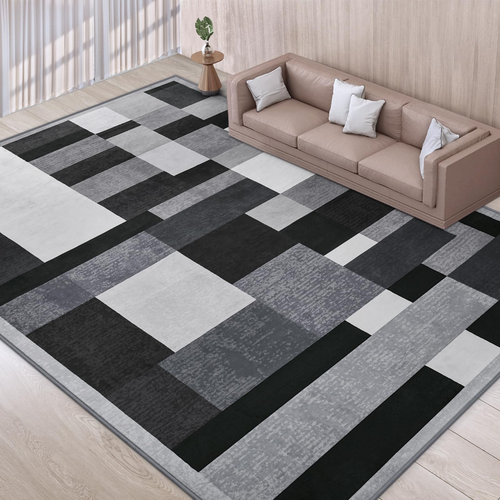 Photo 1 of TWINNIS Indoor Modern Area Rug, 5x8 Geometric Patchwork Style Washable Large Rugs for Living Room Bedroom Hardwood Floors, Non Shedding Non Anti Backing Soft Carpet Home Floor Decor, Black