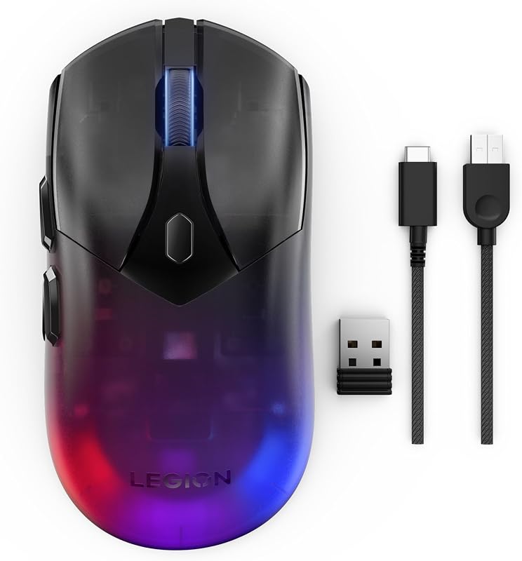 Legion M410 Souris de Gaming sans Fil RGB (6 Boutons, lumière RVB à 2 Zones, 16 000 dpi, 400 IPS, Batterie Rechargeable de 53 Heures, Compatible avec Nvidia Reflex) - Noir Transparent