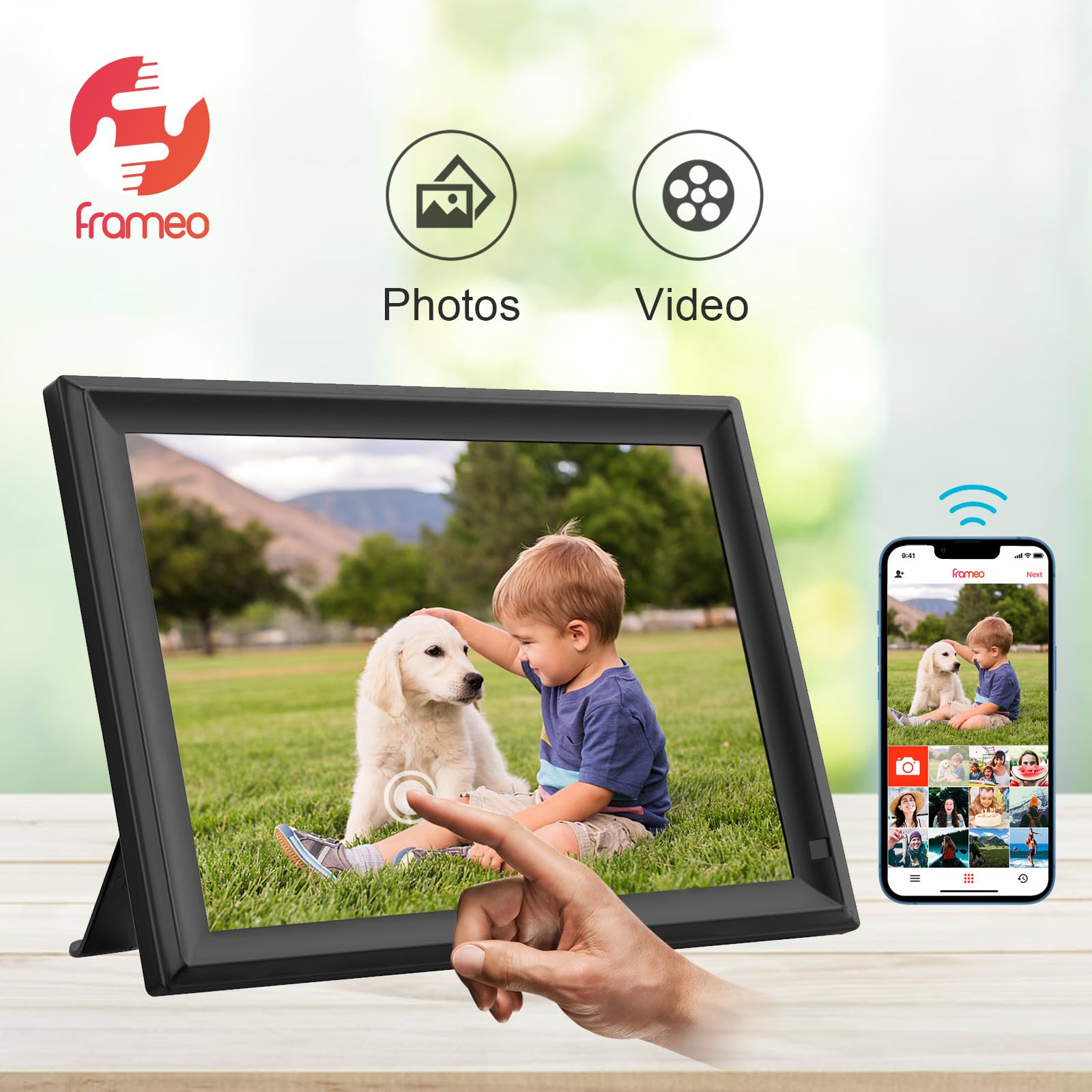 15.6inch FRAMEO Digital Photo Frame with 1920x1080 FHD IPS LCD Touch Screen, Dual-WiFi Share Photos & Videos Via Frameo, Support USB Drive/SD Card Extend Storage, Auto-Rotate, Wall Mountable With VESA