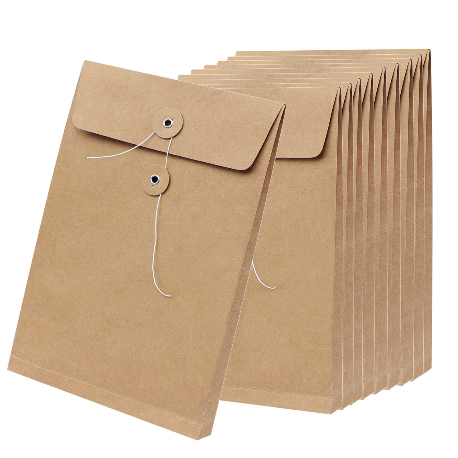 10pcs B5 Gussetted Envelopes Kraft Paper Document File Folders Foolscap Self Seal Recycled Bags Strong Manila Envelopes with String Washer (B5 Brown)