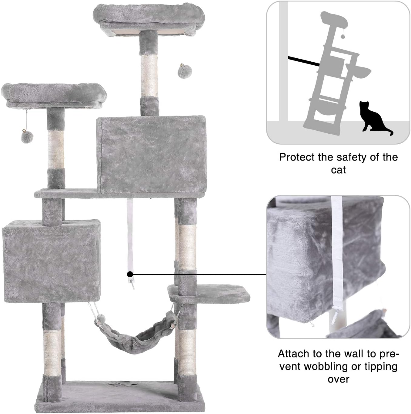 Hey-brother Large Multi-Level Cat Tree Condo Furniture with Sisal-Covered Scratching Posts, 2 Bigger Plush Condos, Perch Hammock for Kittens, Cats and Pets Light Gray MPJ020W : Pet Supplies