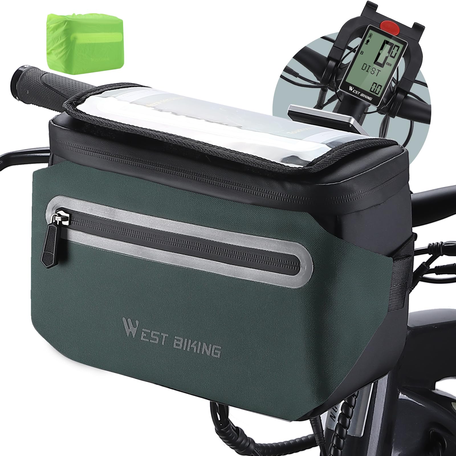 XIQI Bicycle Handlebar Bag, Bicycle Bag Handlebar with Mobile Phone Holder for E-Bikes, 3-in-1 Bag, Waterproof with Rain Cover, Bicycle Handlebar Bags with Handlebar Adapter, Removable Shoulder Strap