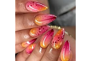 LOPMNGHT Press on Nails Medium Almond Shaped Artificial Acrylic Nail Colorful Gradient Red Spot with Water Droplets Stick on Nail Full Cover Reusable Coffin Artificial Fingernails for Women Manicure