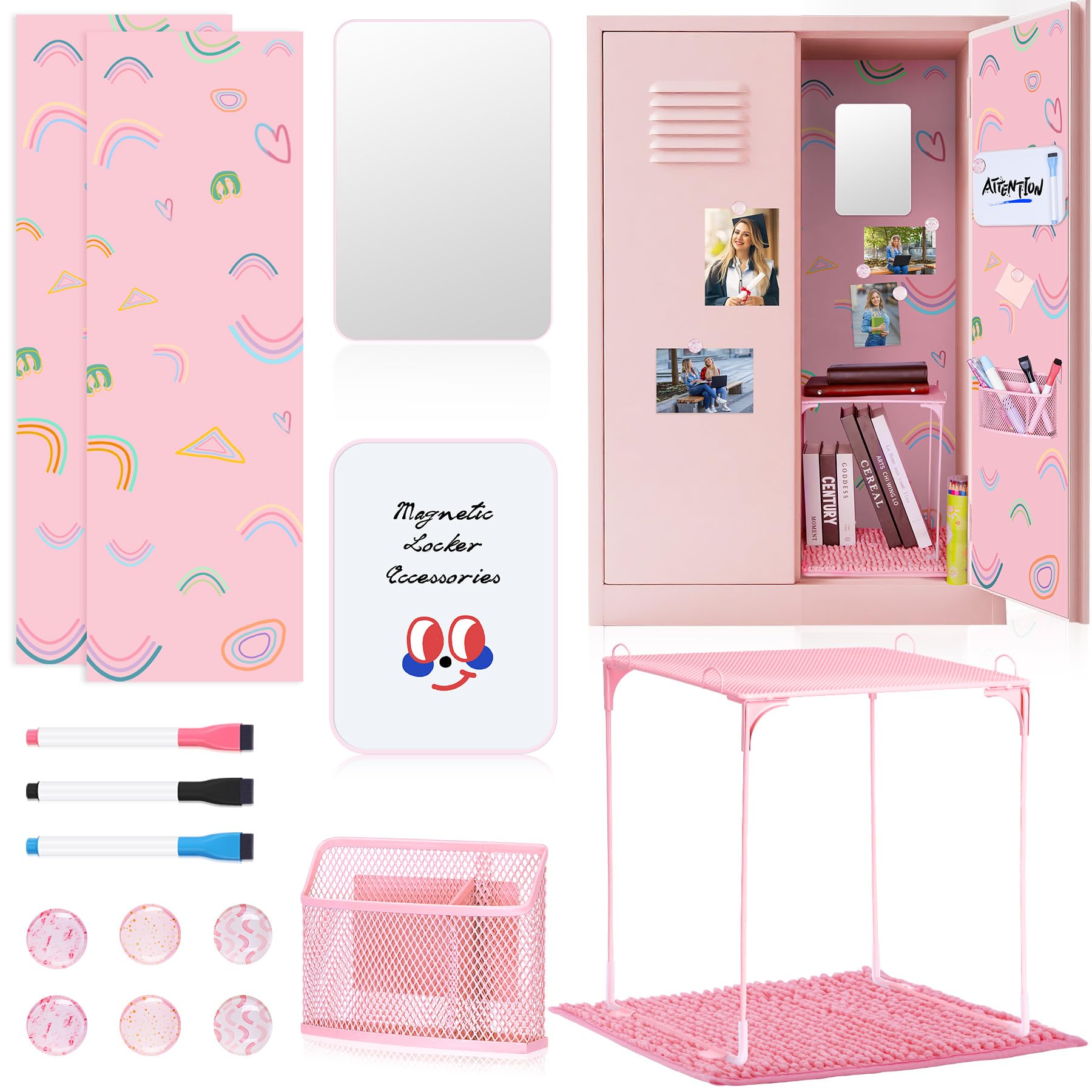 Photo 1 of HAUTOCO 16 Pcs Locker Accessories for Girls Pink Locker Organizer Decorations with Shelf, Rugs, Magnetic Wallpaper, Whiteboard, Mirror, Markers, Pen Holder, Magnets, Back to School Work Essentials