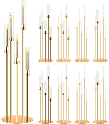 Tessco Lot De 4 Bougeoirs De Sol à 5 Bras De 107,1 Cm De Haut, Centres De Table En Métal Avec Abat-jour En Acrylique Pour Fête De Mariage, Décoration D'intérieur (doré