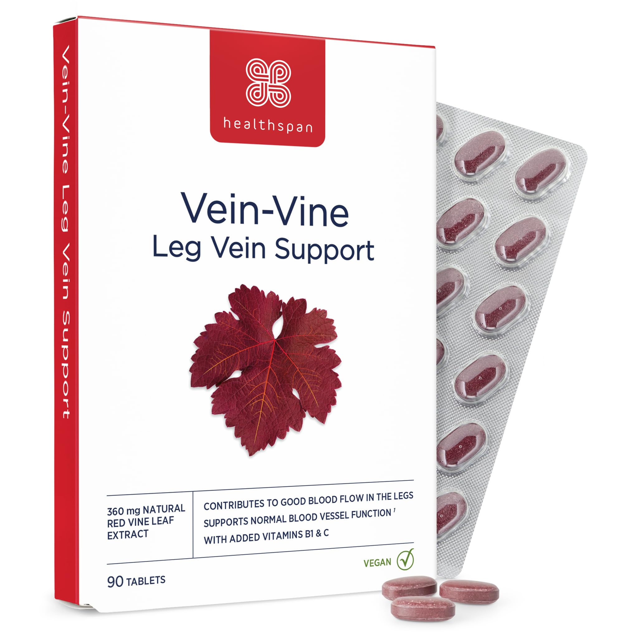Healthspan Vein Vine Leg Vein Support 360mg (90 Tablets) | for Tired & Heavy Legs | Maintains Healthy Leg-Vein Functions | Red Vine Leaf Extract | Added Vitamins B1 & C | Vegan