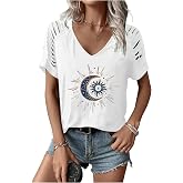 TOTWOW Women's Cut Out V Neck T-Shirts Boho Floral Graphic Tee Summer Cold Shoulder Short Sleeved Tops