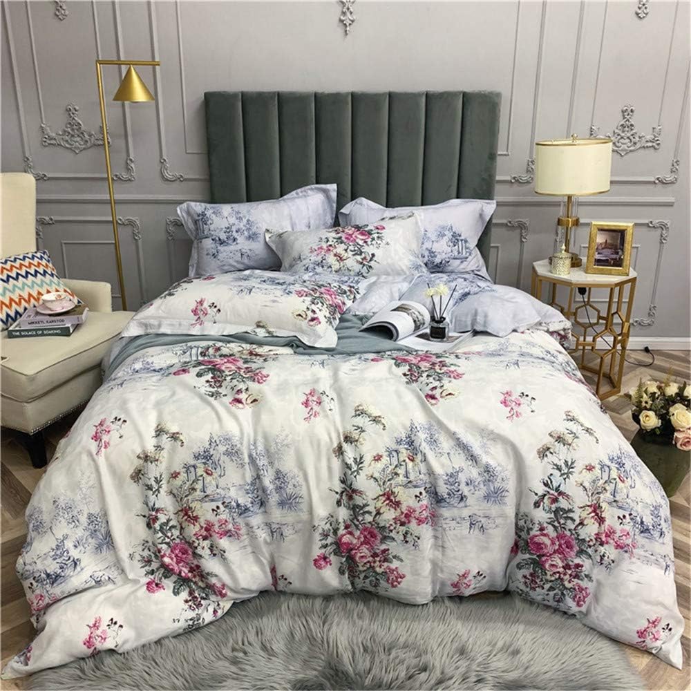 xcvbw Tencel Linen Classic Printed Bedding Set Super Breathable Soft Duvet Cover Sets Queen King Size 4Pcs Inhibiting bacteria