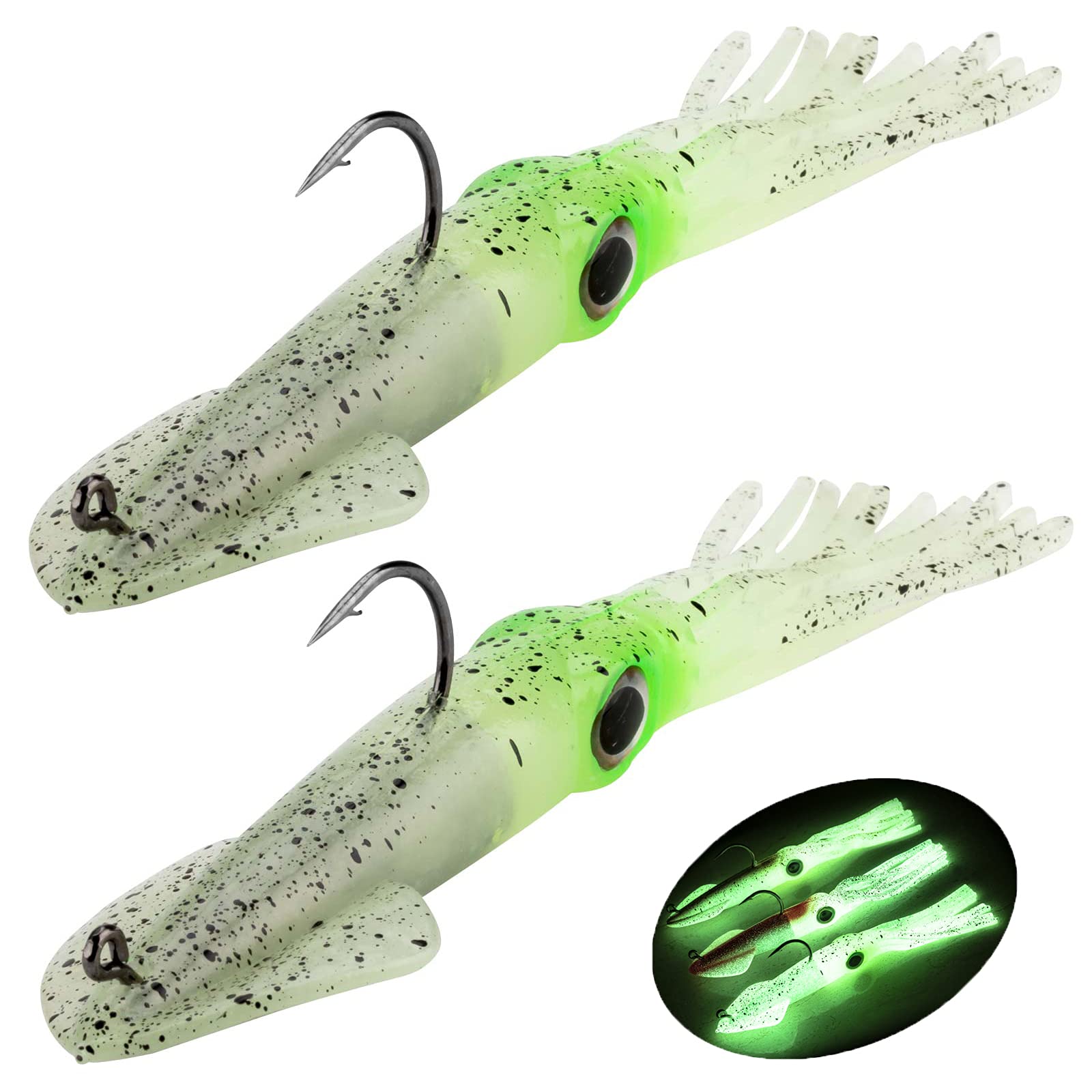Fishing Squid Lures Kit Pre-rigged Squid Lure Glow In the Dark Squid Jig Octopus Artificial Bait Saltwater Sea Fishing Lures Sinking Lure 35g 2Pcs (A -2Pcs)