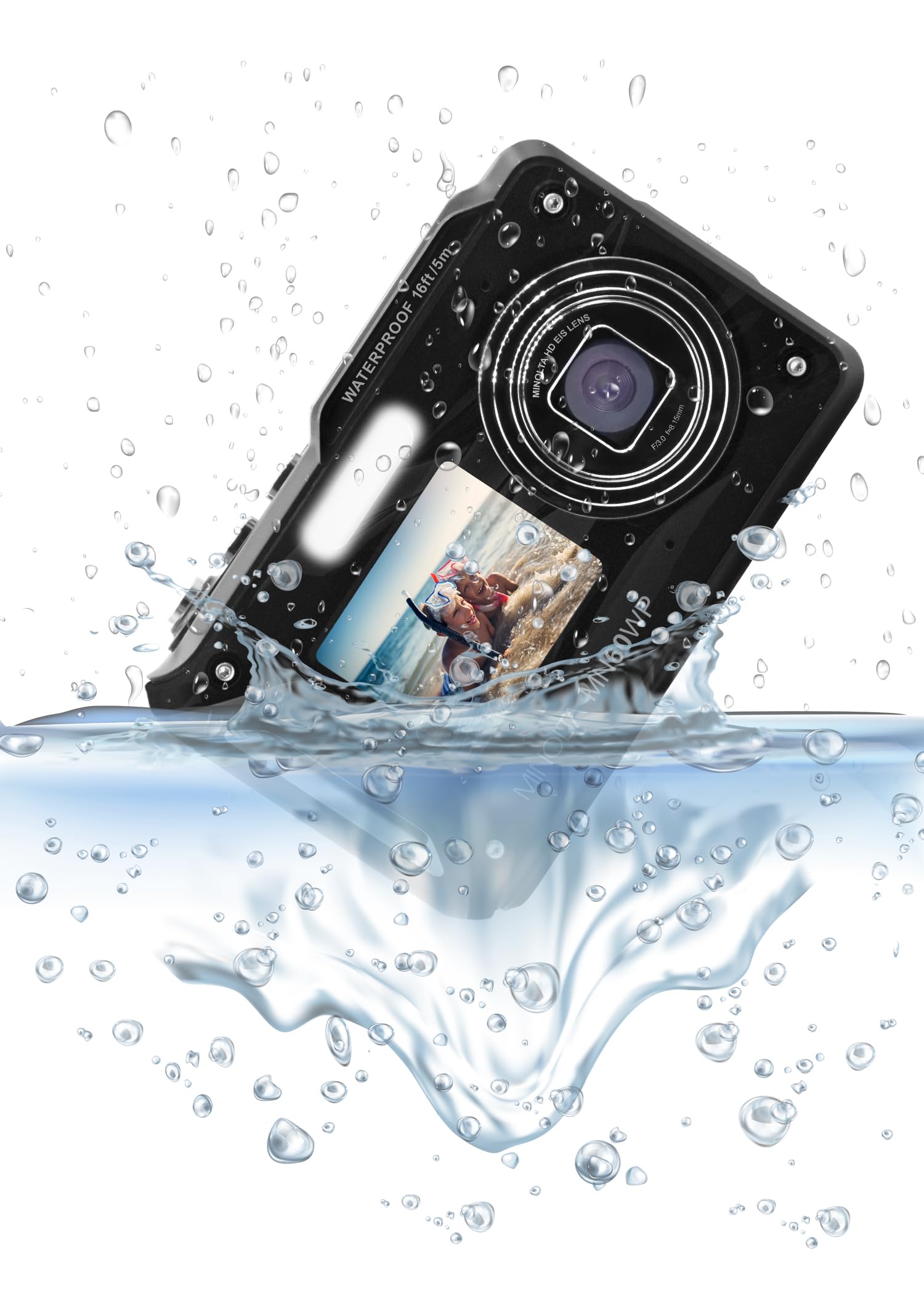 Minolta Waterproof Digital Camera - 48MP Photos, 4K UHD Video, Dual LCD Screens, 16ft Waterproof, 16X Zoom, Anti-Shake, Slow Motion, Compact Point-and-Shoot for Travel & Underwater (Black)