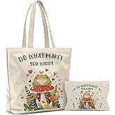 Wazzio Aesthetic 2 Pcs Canvas Tote Bag with Makeup Bag for Christmas, Reusable Grocery Bags Gift for Shopping Gym Travel Work