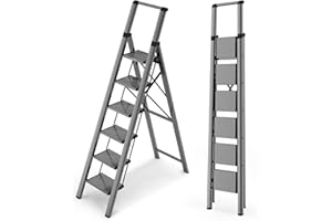 WOA WOA 6 Step Ladder for 12 Feet High Ceiling, Lightweight Foldable Ladder with Non-Slip Wide Pedals, Stepladder with Safe Handrail, Space Saving for Home, Kitchen, Indoor & Outdoor 300lbs - Black