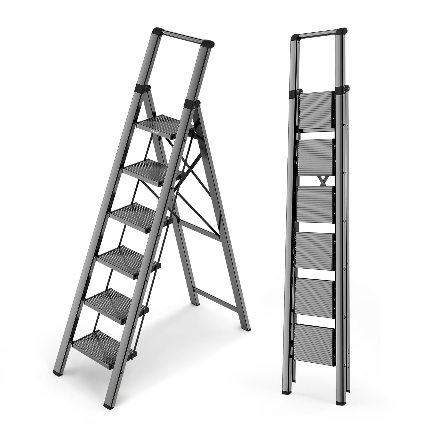 Photo 1 of WOA WOA 6 Step Ladder for 12 Feet High Ceiling, Lightweight Foldable Ladder with Non-Slip Wide Pedals, Stepladder with Safe Handrail, Space Saving for Home, Kitchen, Indoor & Outdoor 300lbs - Black