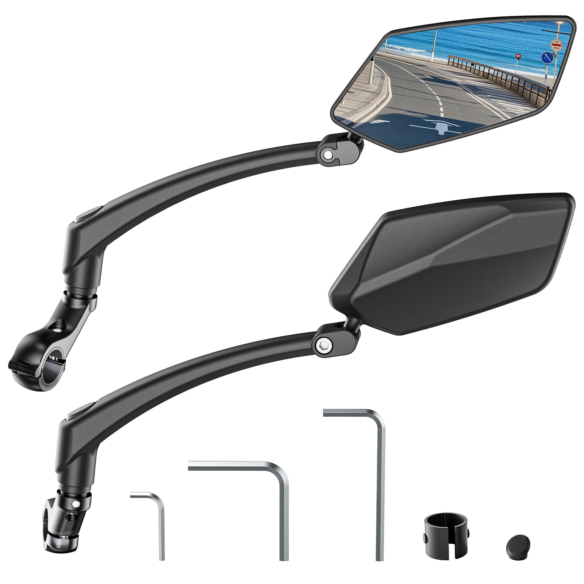 Photo 1 of 2pcs Bike Mirror Handlebar Mount 360° Adjustable and Rotatable, Wide Bicycle Mirrors for Handlebars with Long Arm, Safe HD Bike Rear View Mirror for Scooter, Motorcycle Accessories Foldable for Ebike