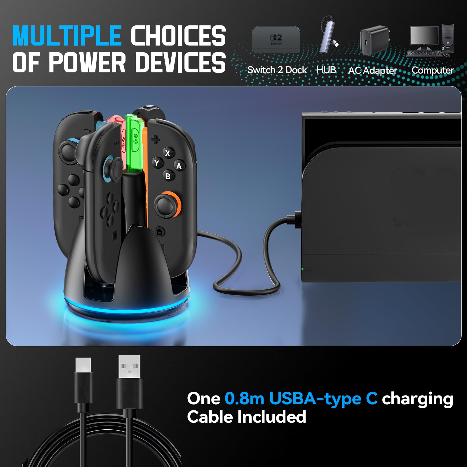 Tokluck RGB Switch 2 Controller Ladestation für Nintendo Switch 2 Zubehör, 2.5St. Schnelle Switch 2 Ladestation mit RGB Lichtern, Nintendo Joy Con 2 Charging Dock mit Ladekabel 7