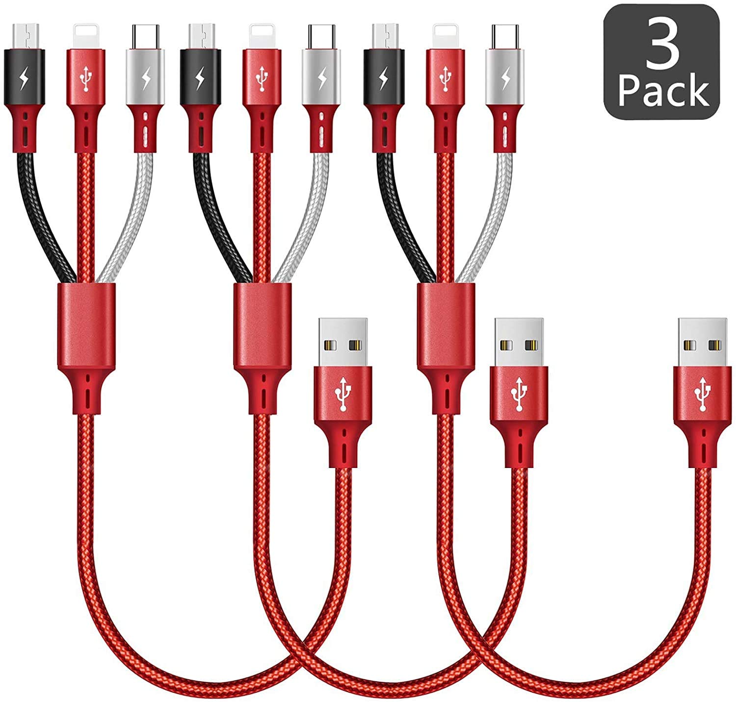 ASICEN 3pcs Multi USB Charging Cable 3A, 3 in 1 Braided USB Fast Charger Cord Connector with Phone/Micro USB/Type C Port for Cell Phones/Galaxy S9 S8 S7/Pixel/LG/Tablets and More(Red, 1ft/35cm)