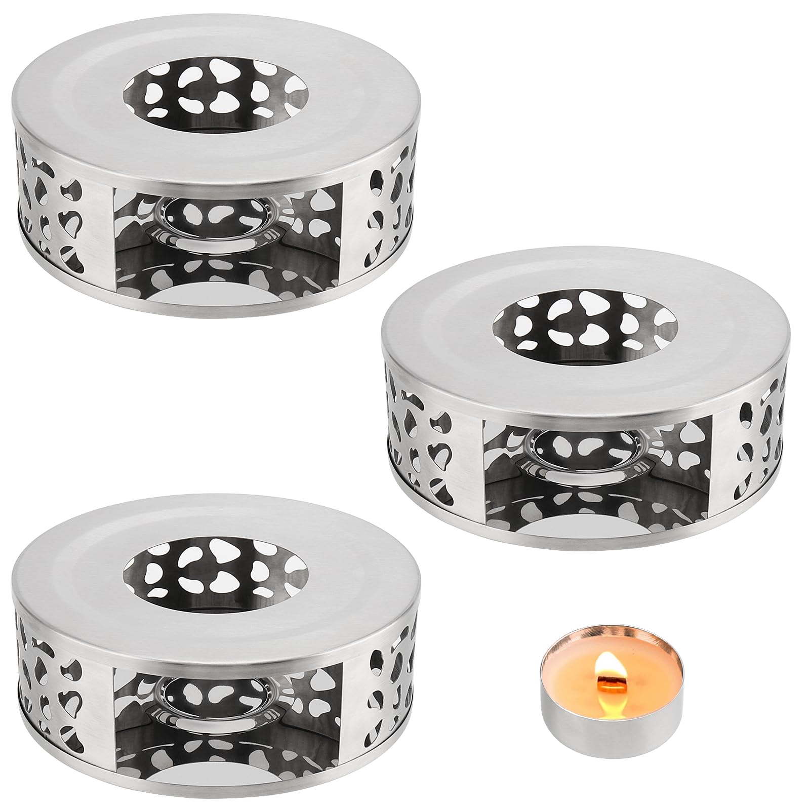 DAKFOOK 3 Pack 15cm 6 Inch Stainless Steel Teapot Warmer with Tealight Holder and Hollow Frame Design, Stainless Warmer Base Heating Teapot for Tea Sets Coffee and Other Heatproof Dish, Silver