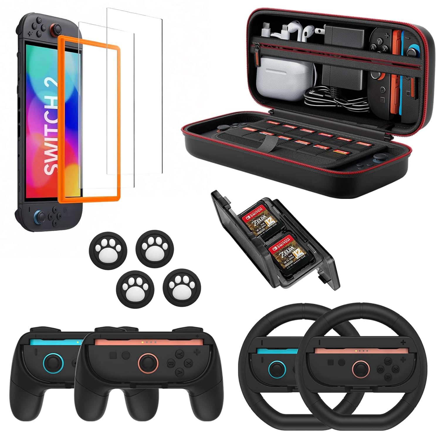 Switch 2 Game Accessory Set for Nintendo(2025), Family Switch 2 Accessories Bundle includes portable shockproof case, Mario Kart Steering Wheel, Grip for Joycon, Enjoy Gaming to the Fullest