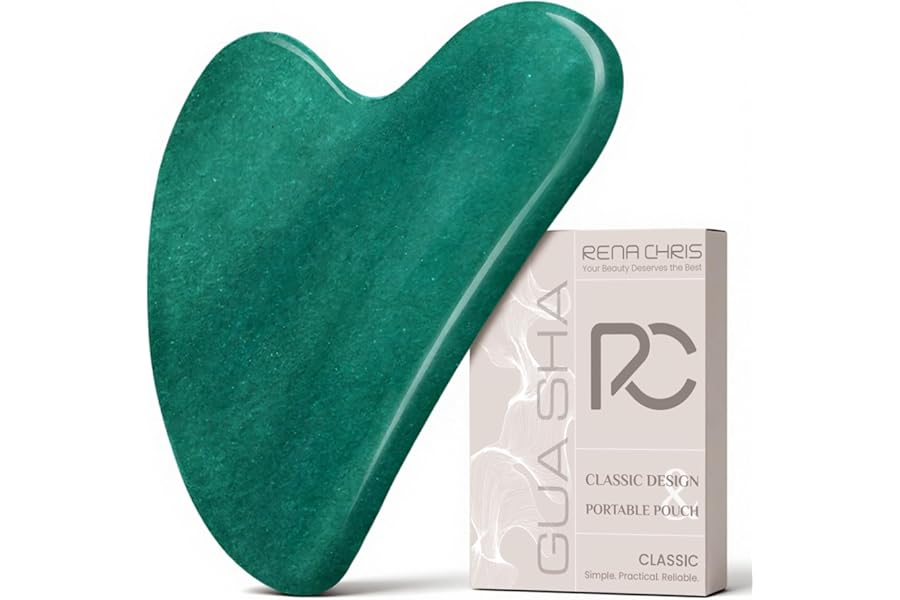 Rena Chris Gua Sha Facial Tools: Jade Stone Guasha Tool for Face Acupuncture Therapy, Facial Massager for Jawline Sculpting and Puffiness Reducing (Green)