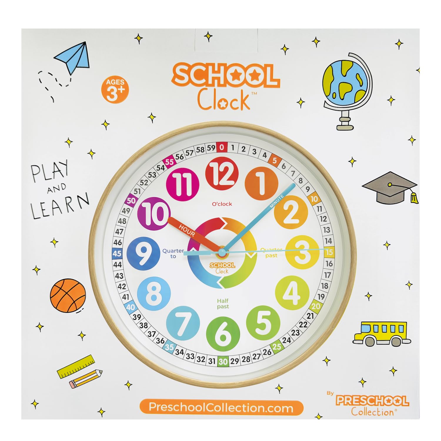 Preschool Collection Color Clock - Time Teacher 10 Inch Educational Silent Wall Clock with Colored Numbers - Easy to Read Analog Dial for Teacher's Classrooms, Kid's Bedroom & Children Playroom
