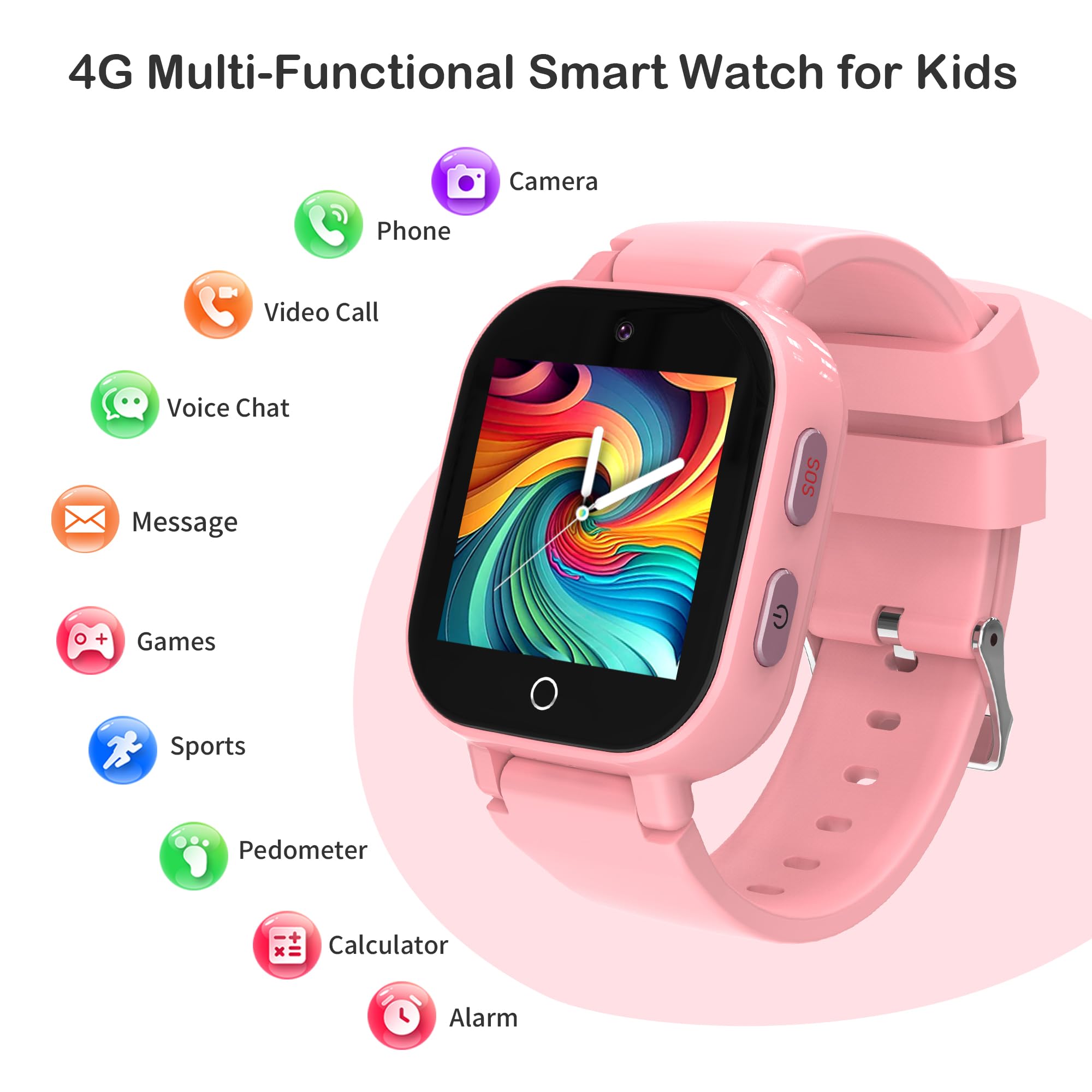4G Kids Smart Watches Girls with GPS Tracker & Video Calling Texting, Kids Cell Phone Watch Age 4-12, Waterproof One-Key SOS Call Voice Chat Camera Alarm Pedometer GPS Tracker Watch for Kids Gift