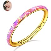 BodyBonita Hinged Opal Septum Rings - 18G 316L Surgical Steel Hinged Hoop Nose Rings for Women Conch Piercing Jewelry Helix Daith Cartilage Earring Pink Opal 8 mm Gold Plated