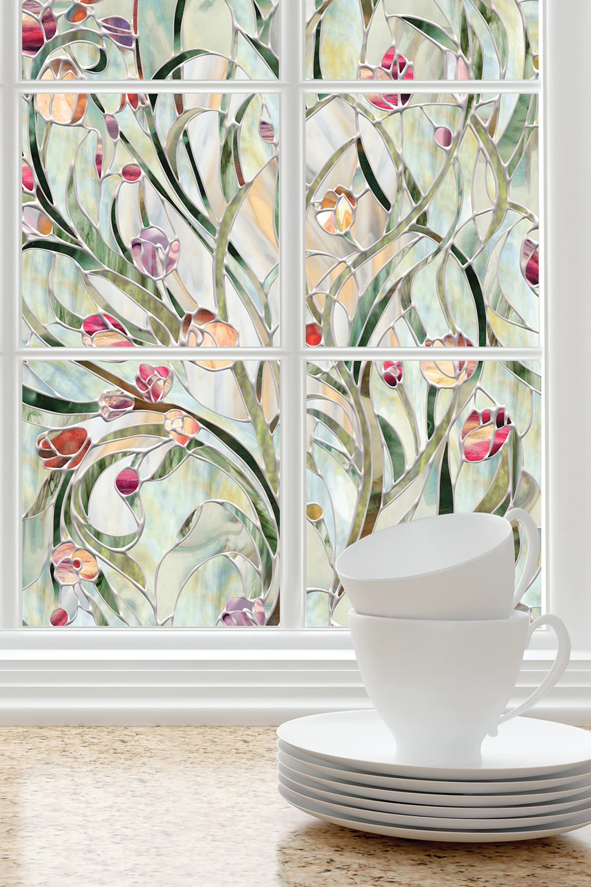 Artscape Spanish Garden | Privacy Window Film with Stained Glass Pattern | Non-Adhesive & UV Protection | Easy to Apply & Removable | 61 x 91 cm