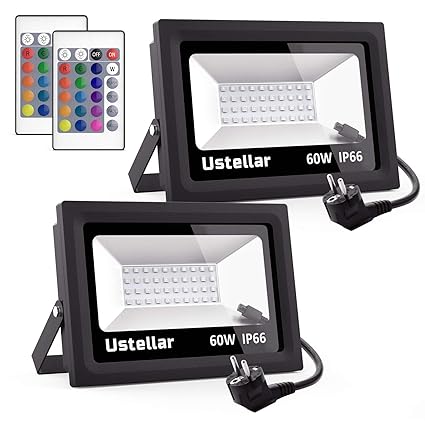 Ustellar 2er RGB 60W LED Strahler mit Fernbedienung, IP66 Wasserdicht 16 Farben 4 Modi LED Fluter Scheinwerfer, LED Außenleuc