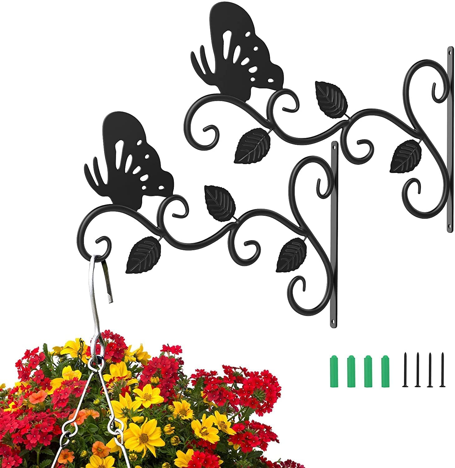 Photo 1 of 2Pack Hanging Plants Bracket Outdoor,12 Inch Plant Hooks for Hanging Baskets Wall-Mounted Gardening Bracket Hook for Bird Feeders,Flower Baskets,Lantern,(Butterfly)
