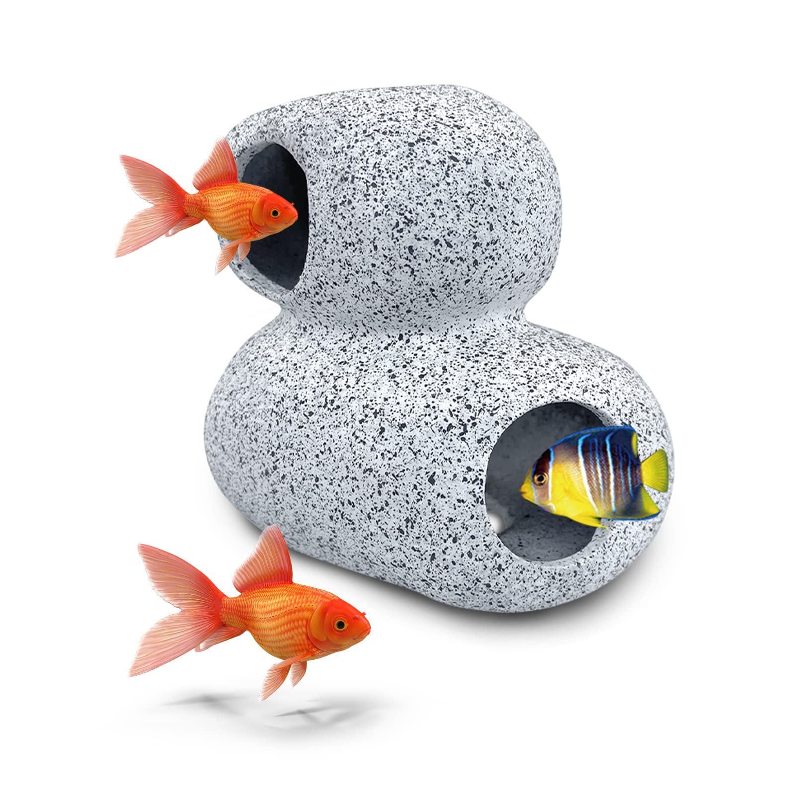 FuninCrea Fish Tank Decoration Accessories, Aquarium Decor Rock Caves Fighting Fish House Hide Place Tunnels Ceramic Aquarium Ornament for Shrimp Cichlid Masking and Breeding (Double Layer)